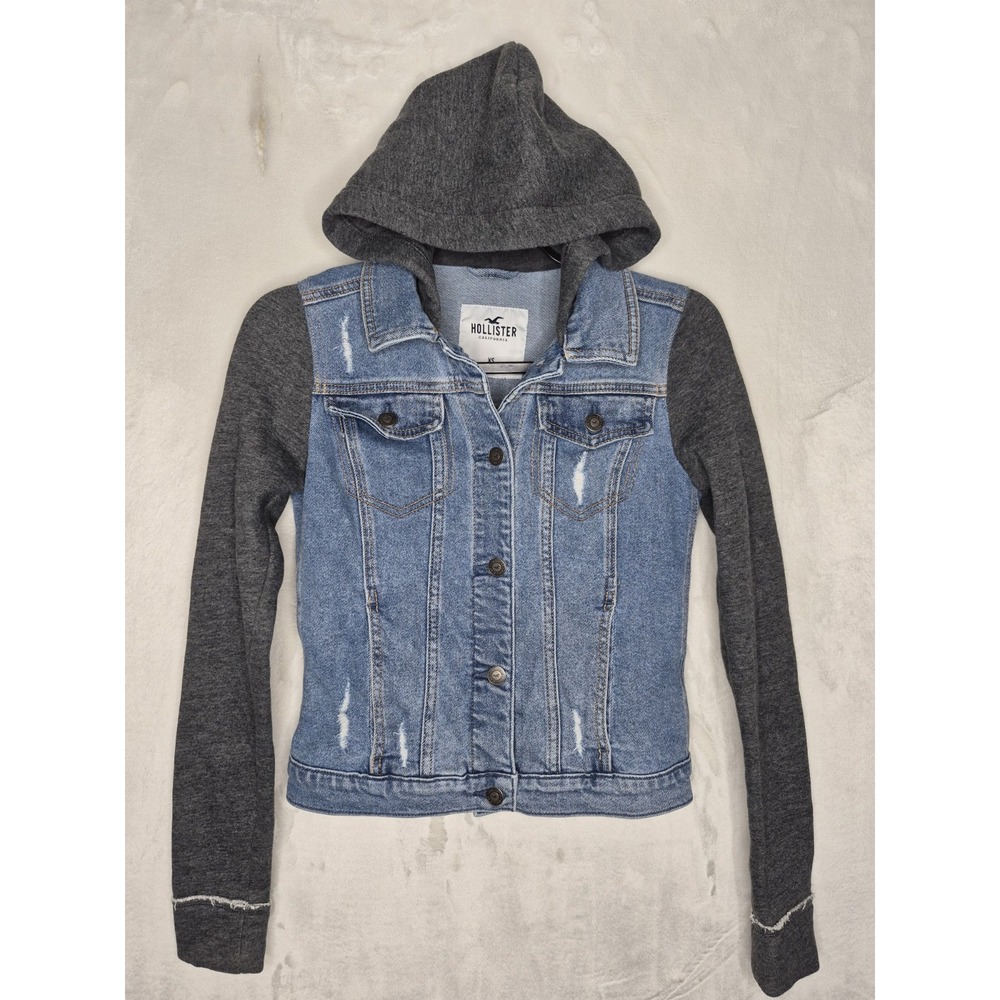 Hollister Womens XS Denim Jacket Grey Knit Sleeve Layered Hoodie Distressed